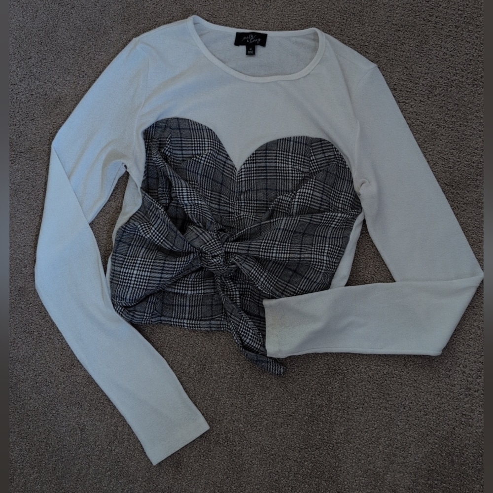 Shoedazzle Milk & Honey Long Sleeve Plaid Tie Waist Bustier Crop Top - Picture 8 of 11
